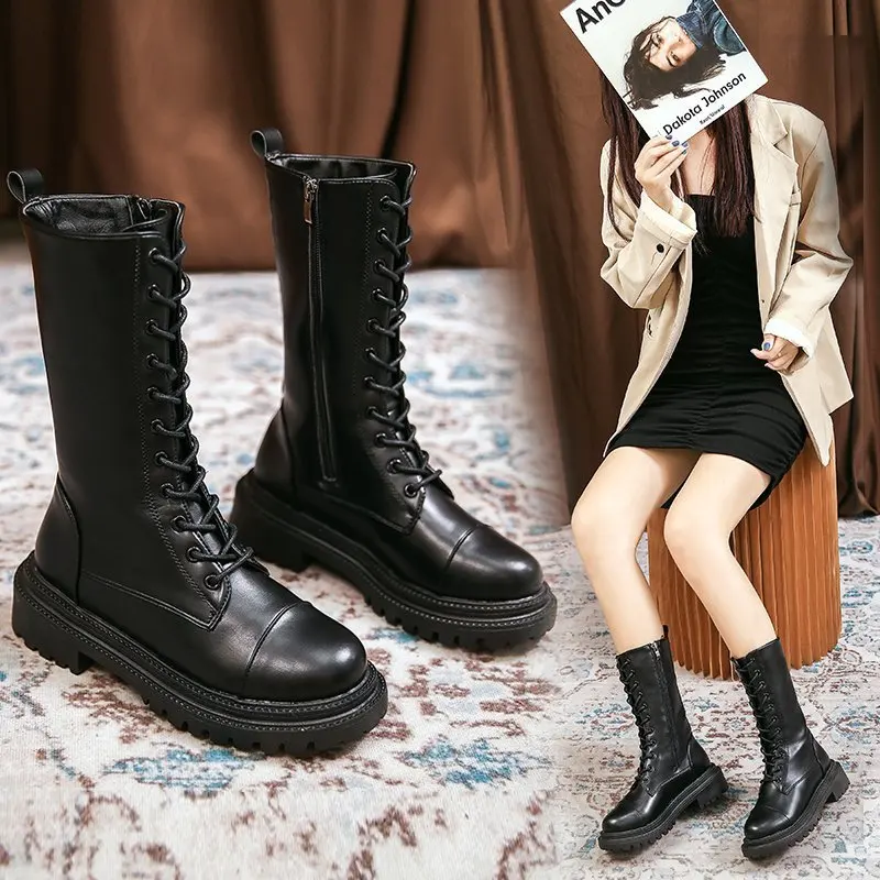 Women Black Mid-Calf Boots Female Casual Comfortable Walk Shoes Lady Muffin Bottom Non-Slip Ladies Lace Up Side Zipper Footwear