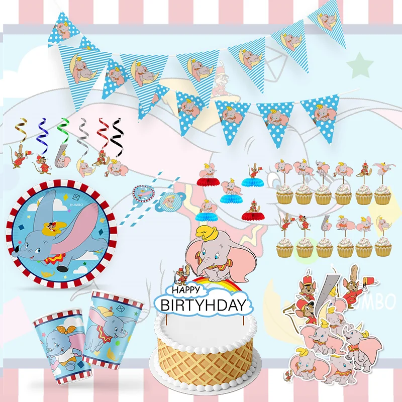 Disney Little Elephant Birthday Party Decoration Dumbo Baby Shower Tableware Paper Plates Cups Cake Topper Happy Birthday Gifts