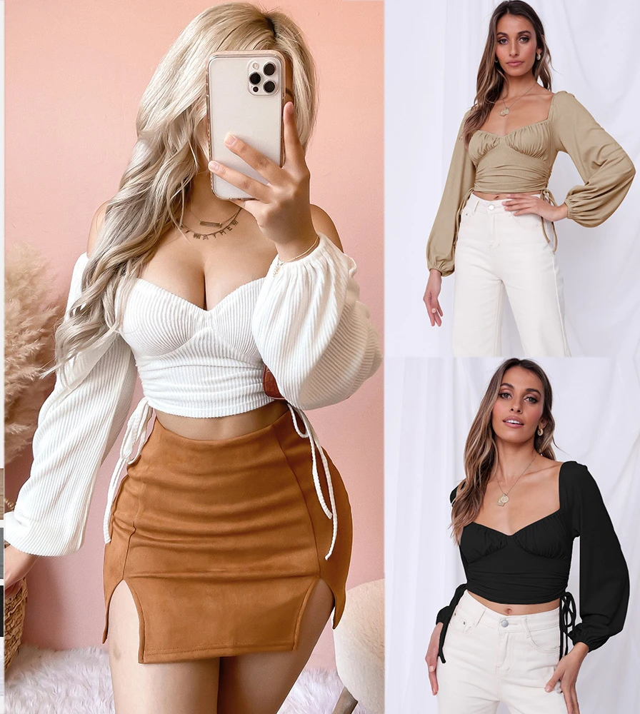 

T Shirt Women Solid Color Sexy Square Neck Woman T-shirts Backless Autumn Drawstring Top Fashion Lantern Sleeve T-shirt