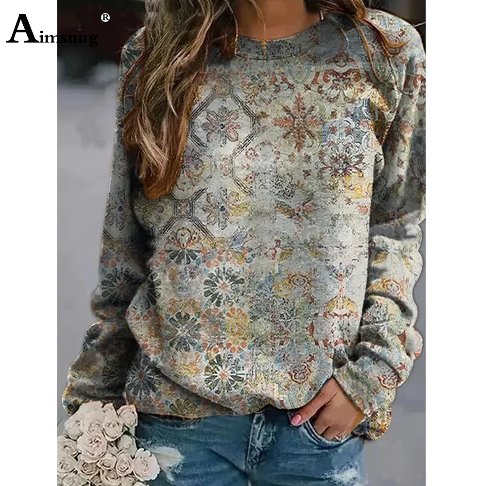 Aimsnug 2023 Spring Fashion Tops Sweatshirts Women Elegant Pollovers Oversize Female Long Sleeve Boho Flower Print Sweatshirt
