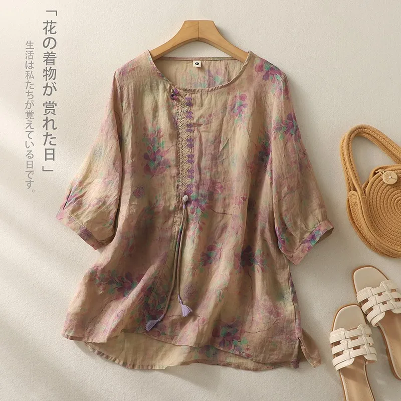 

2023 New Summer Arts Style Women Short Sleeve Loose Tee Shirt Femme Tops Tassel Design Vintage Print Cotton Linen T-shirt P10