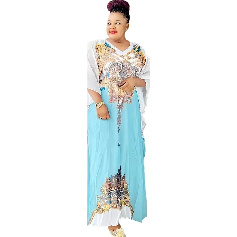 

2022 Summer Fashion African Women V-neck Printing Polyester Long Robes African Dresses for Women Dashiki African Clothes Women