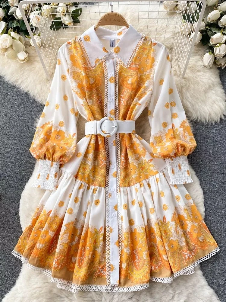 

Women Single-Breasted Wrist Sleeve Fit and Flare Slim Swing Party Elegant Midi Vestidos Vintage Shirt Overlay Flower Print Dress