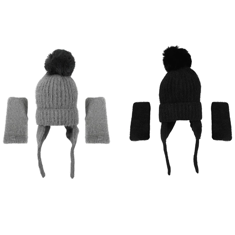 

Women Winter Hats Glove Knitted Skull Cap with Pompom Cute Hats for Girls Ladies