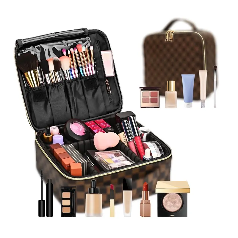 

Stylish Brown Checkered Portable Makeup Bag with Adjustable Partition, Waterproof Leather Cosmetic Bag for Girl Friend Wife Chri