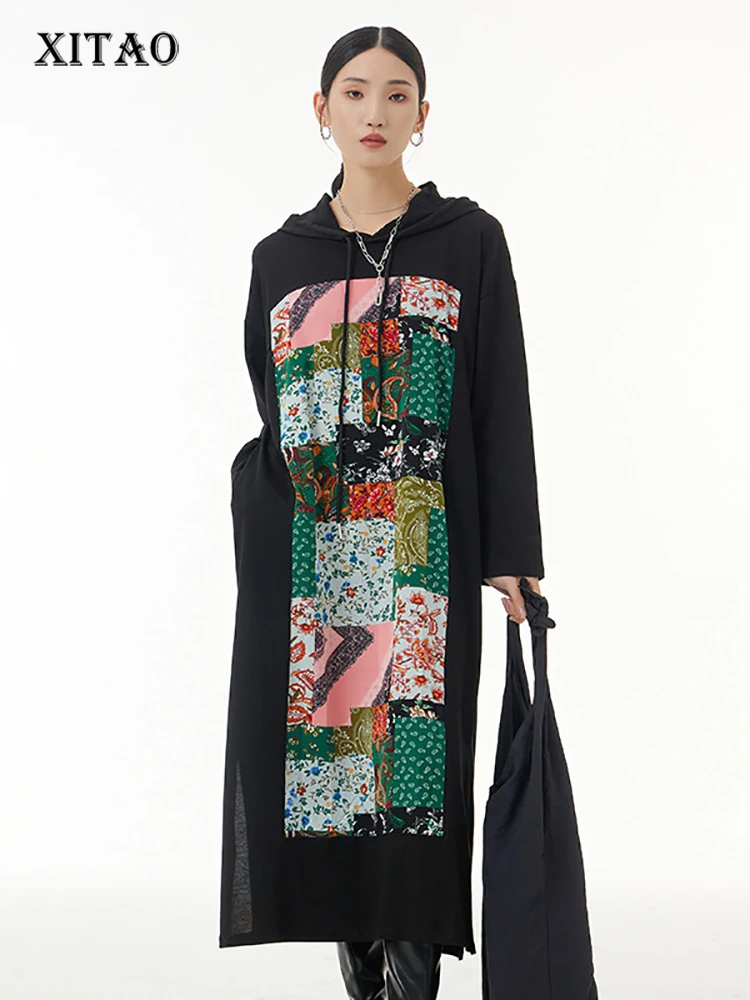 

XITAO Casual Hooded Collar Dress Fashion Loose Contrast Color Printing Splicing Long Sleeve Simplicity Pullover Women WMD3079