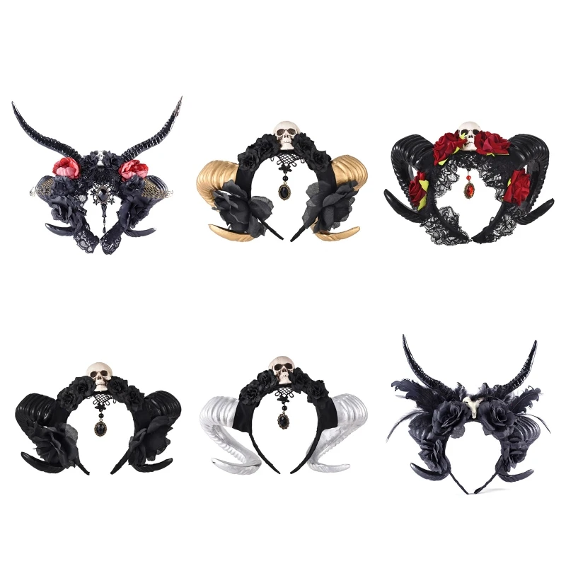 

HXBA Carnival Halloween Ox Sheep Horn Hair Hoop Flower Feather Decor Horn Headpiece