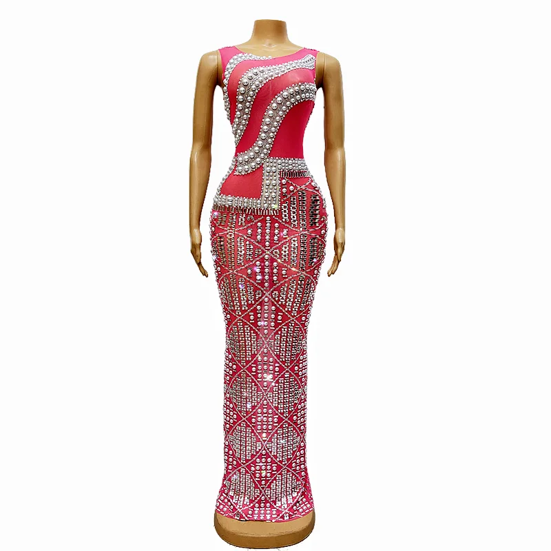 

Evening Sparkly Silver Rhinestones Pearls Pink Sleeveless Dress Dancer Costume Celebrate Outfit Prom Birthday Collection