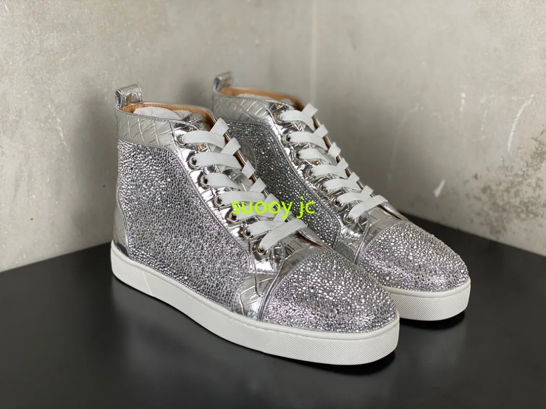 

Men's Luxury Brand Shoes Designer Casual Sneakers Party Leather Red Sole Silver Rhinestone High Tops