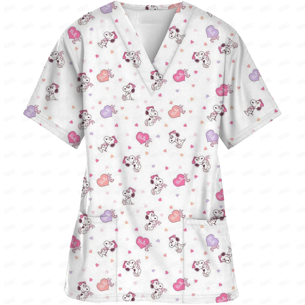 Униформа медсестры Snoopy с мультяшным принтом и V-образным вырезом карманы скрабы