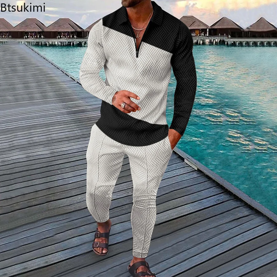 2023 Spring Autumn Men's Polo Shirt Set Long Sleeve V-neck Lapel Printing Streetwear Fashion Suits Casual Man Sets Printted Sets