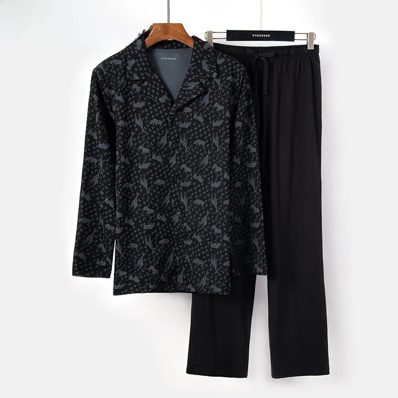 Мужские пижамы Shuya осенний новый комплект из чистого хлопка с принтом и лацканами