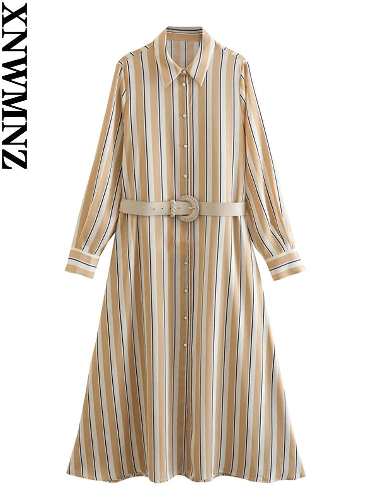 

XNWMNZ 2023 Women Fashion Belt Stripe Shirt Dress Woman Retro Lapel Long Sleeve Female Chic Midi Dresses