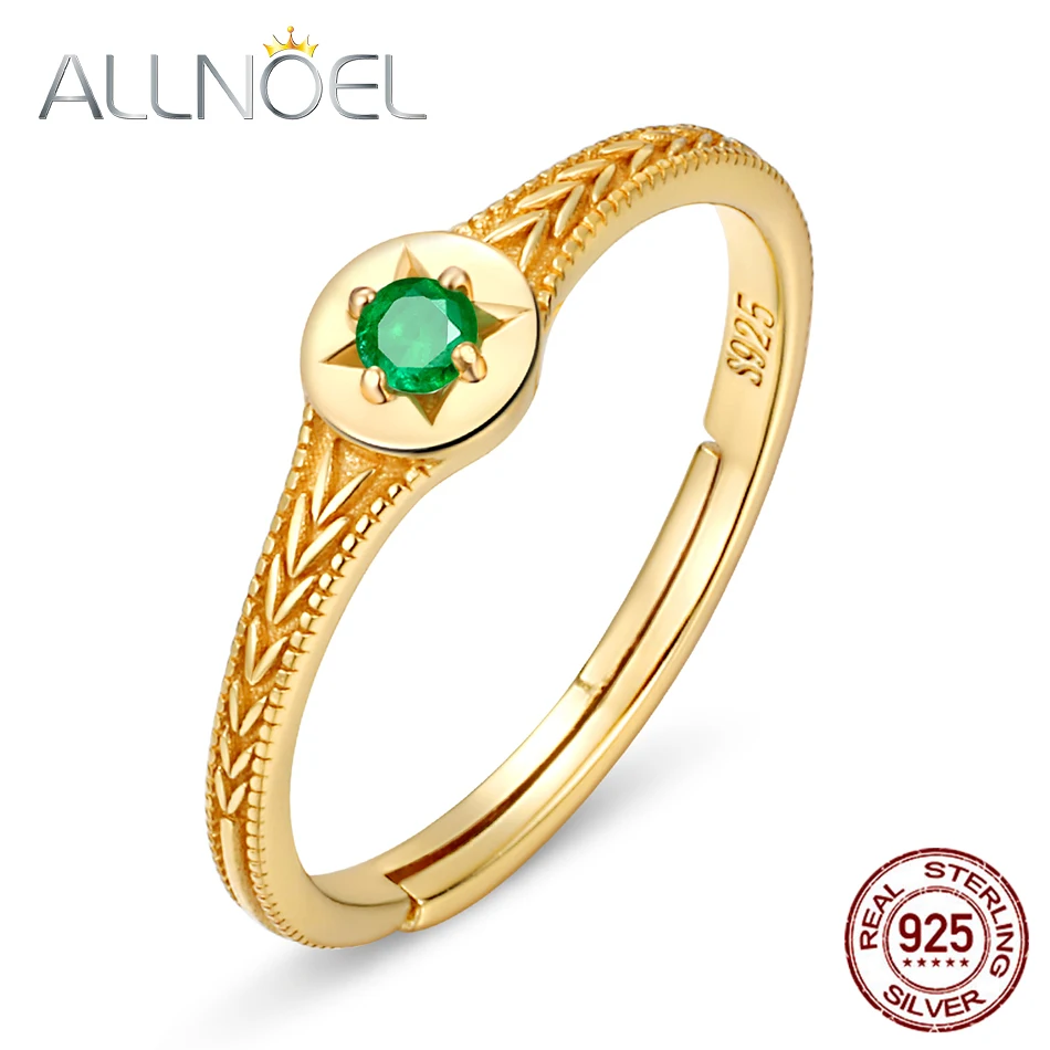 

ALLNOEL Solid 925 Sterling Silver Rings For Women Natural Emerald Vintage Style Real Gold Ring Adjustable Wedding Band 2020 New