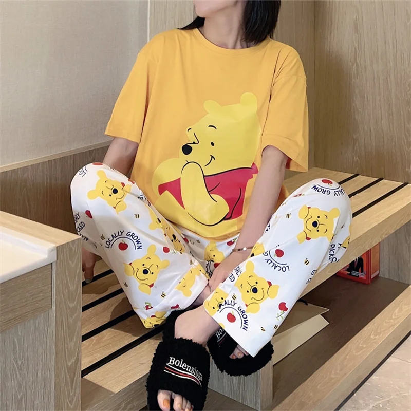 Disney Cartoon Winnie the Pooh Women Pajams Set Cute Kawaii Short Sleeve Top and Pants for Ladies 2 Pieces Pajamas Woman Summer