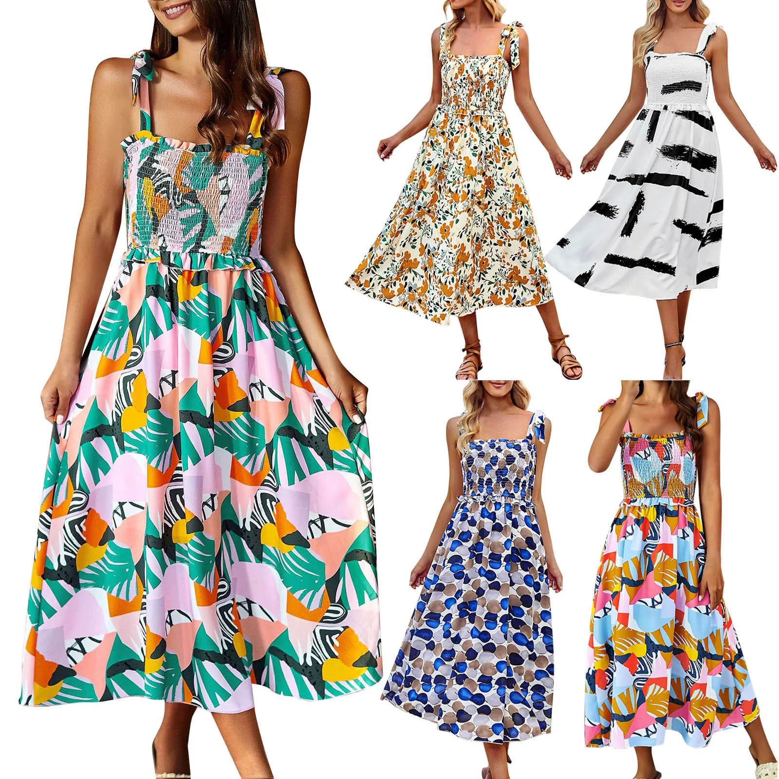 

Ruffle Flowy Floral Print Dresses Women 2023 Summer Tie Strap Square Neck Smocked Boho Maxi Cocktail Dress Clothing Robe