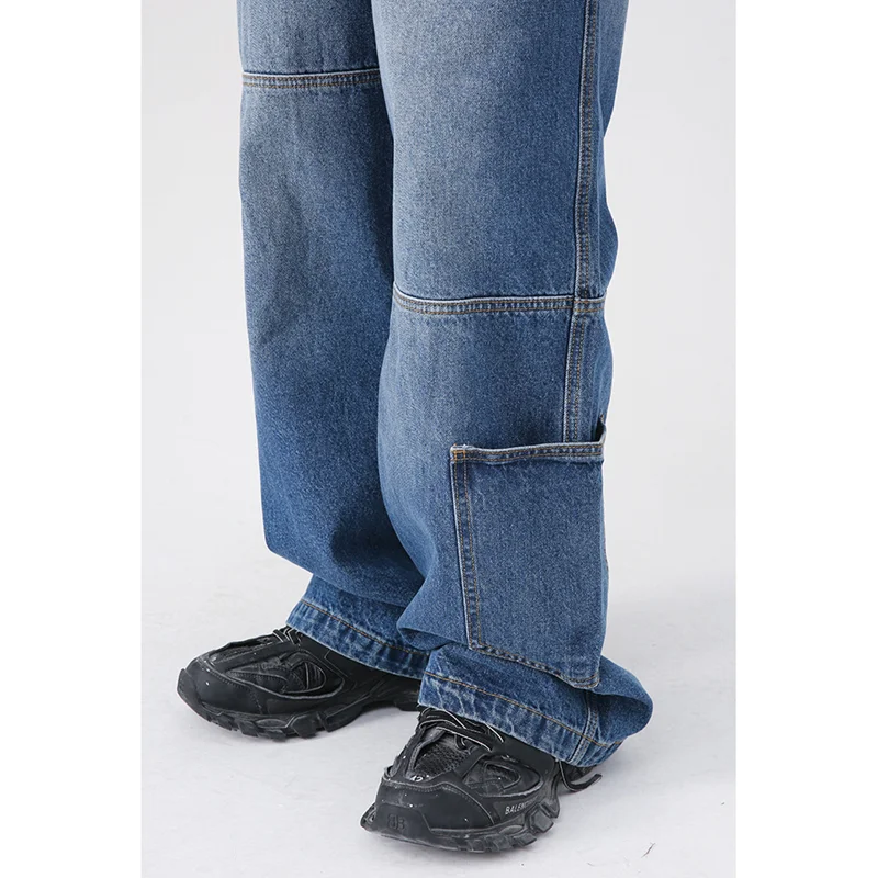Men Clothing 2022 New Pattern Vintage Recreational Blue Jeans Loose Straight Cylinder Multiple Pockets Cargo Pants Autumn Female