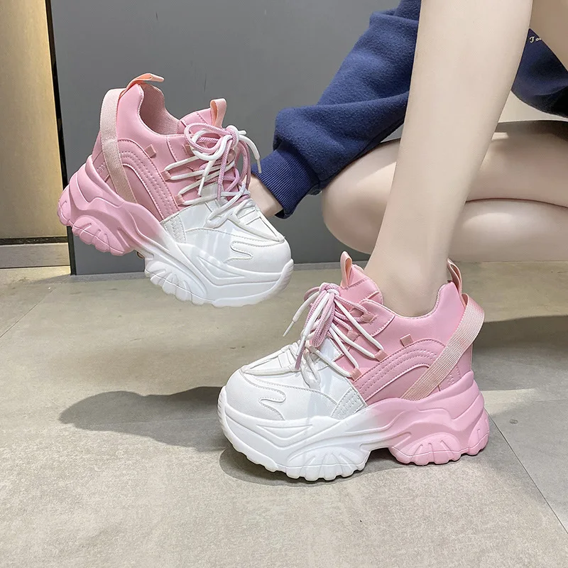 Comemore Women's High Platform Chunky Sneakers Woman 2022 Fashion Women Sports Shoes Pink White Sport Sneaker Tennis Elegant 34