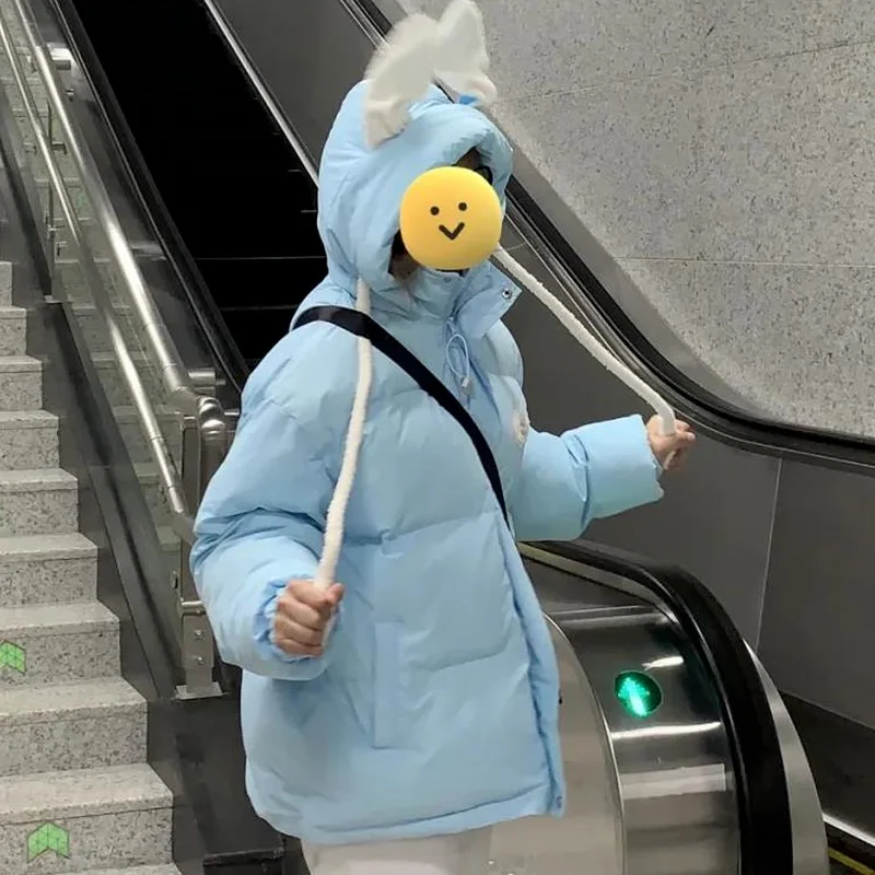 Female Students Loose Kawaii Cute Rabbit Ears Wild Thick Bread Clothing Warm Cotton Jacket Winter Hooded Cotton-padded Jacket