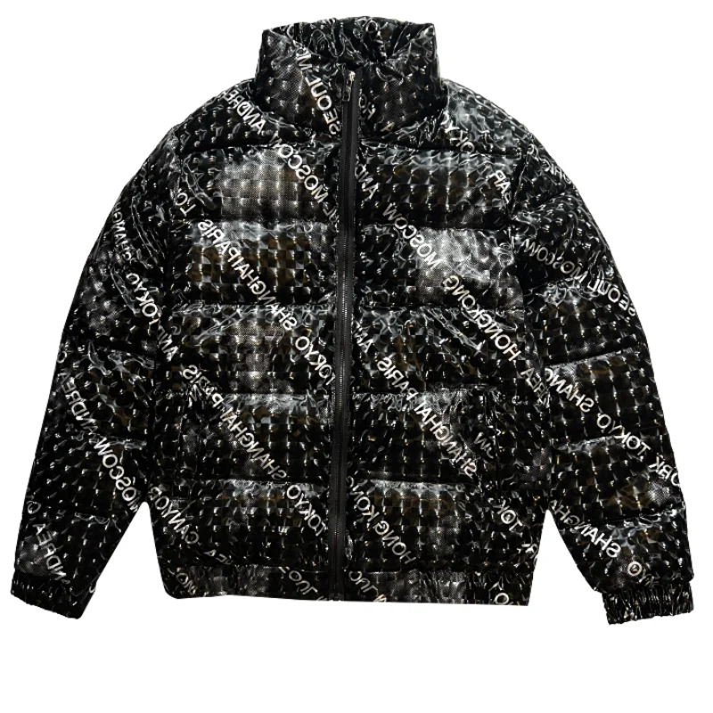 Winter Letter Print Thicken Puffer Parkas Jacket Men Stand Collar Casual Business Coat Hiphop Overcoat Streetwear Men Clothing