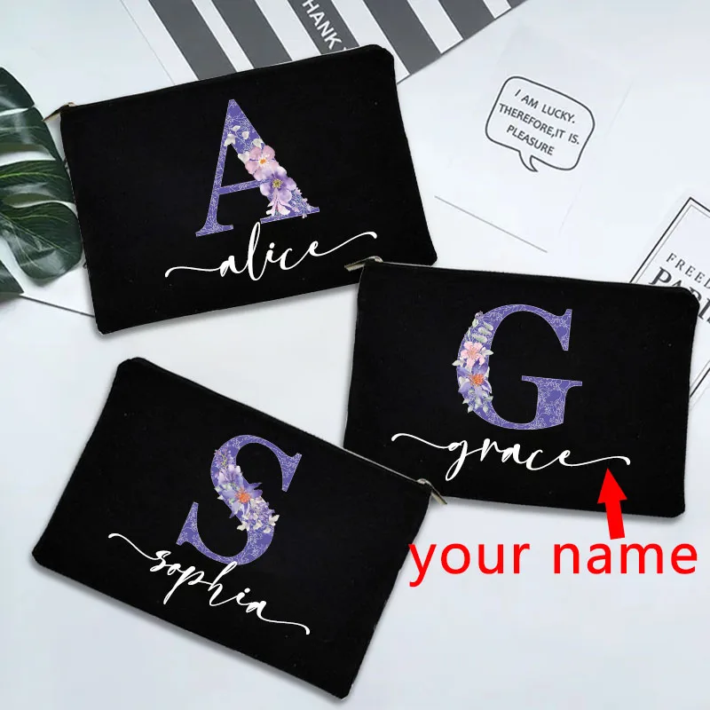 

Custom Name Makeup Bag Zipper Pouch Outdoor Travel Wash Toiletry Organizer Student Pencil Bag Luxury Designer Black Cosmetic Bag