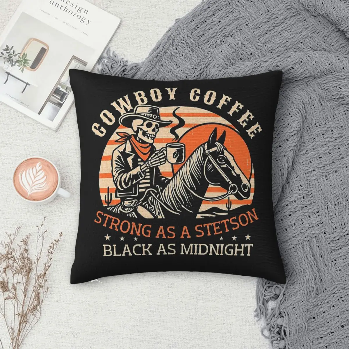 Фото Наволочка для подушки Cowboy Coffee Stronger As Stetson Square, полиэстер, лен, бархат, с узором, на молнии, декоративная, для автомобиля, оптом №4