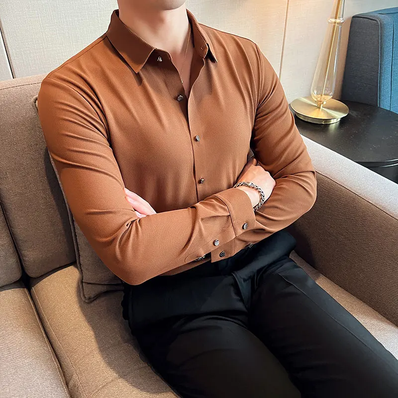 Brand Waffle Men Shirts 2022 Autumn Long Sleeve Seamless Casual Business Formal Dress Shirt Slim Fit Social Office Men Clothing