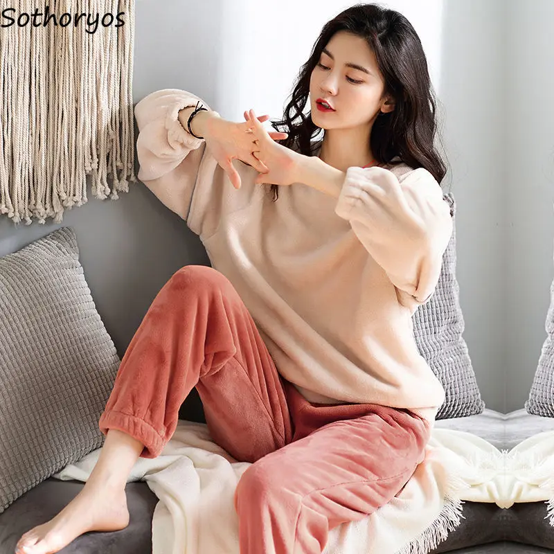 

Pajama Sets Women Solid Rib Sleeve Warm Flannel Pyjamas Cute Comfortable Winter Student Lounge Simple O-neck Sleepwear Loose Ins