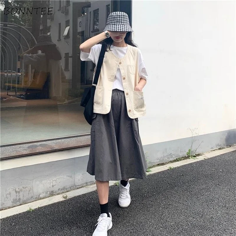 

Two Piece Sets Women Solid Simple Sleeveless Korean Style All-match Vest and Skirt Preppy Outfit Casual Loose Single Breasted