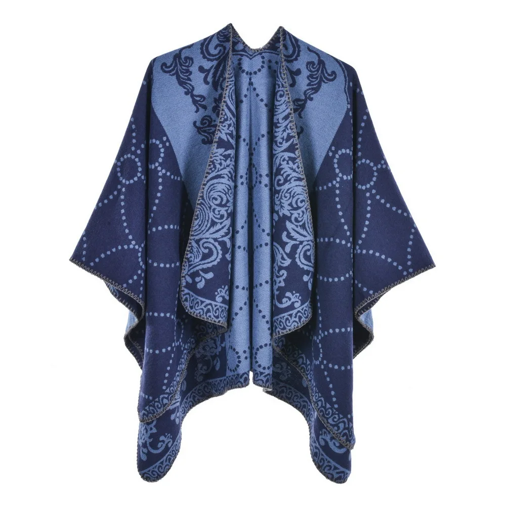 Autumn Winter Double Faced Double sided Split Warm Cape Women Imitation Cashmere  Poncho Lady Capes Blue Cloaks