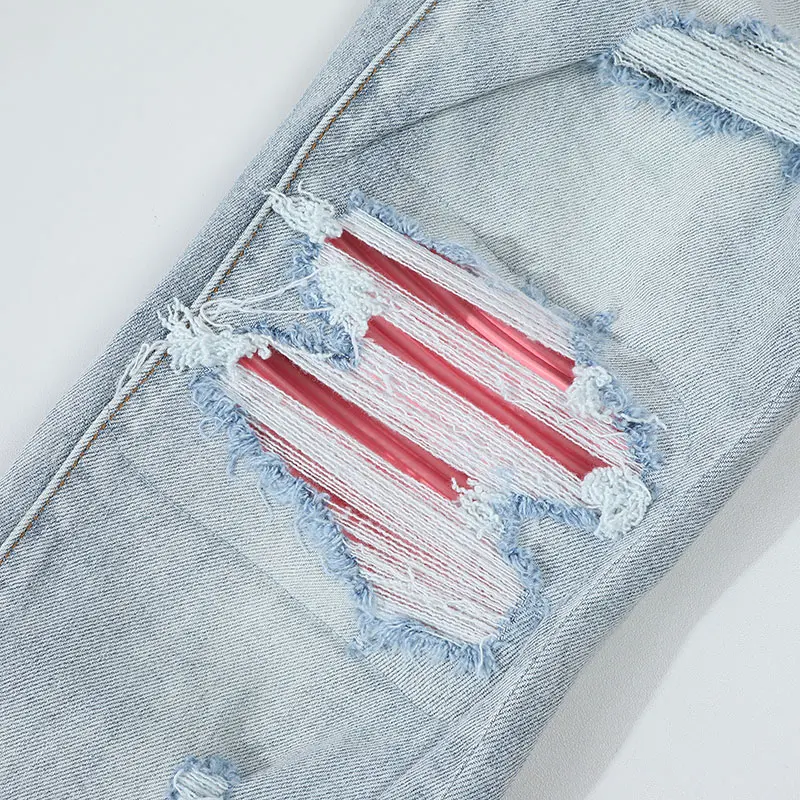 Street Fashion Men Jeans Retro Light Blue Stretch Skinny Fit Ripped Pink Leather Patched Designer Brand Hip Hop Pants