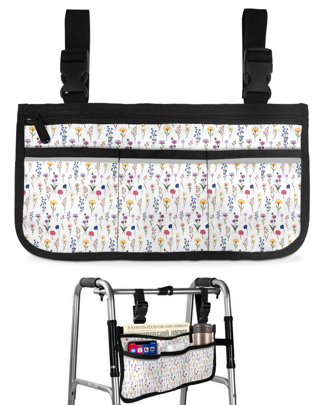 

Подлокотник для детской коляски, акварельный, с цветами, листьями, несколькими карманами, со светоотражающими полосками, подвесная сумка для хранения