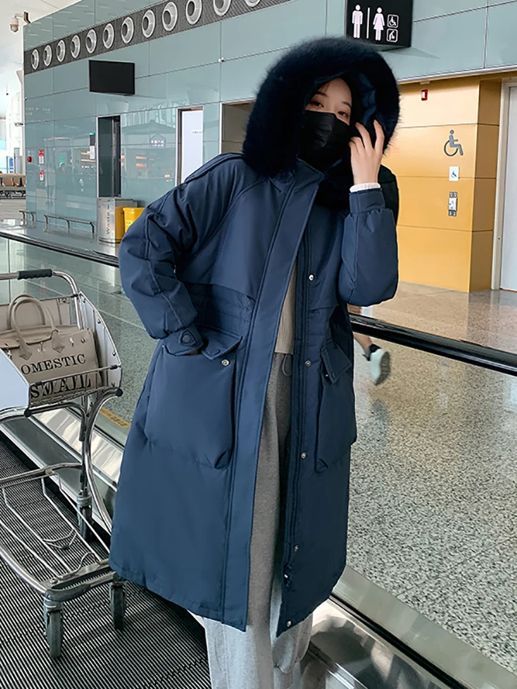 AOSSVIAO Winter Women Long Jacket Large Natural Fur Collar Hooded Parkas 90% White Duck Down Coat Thickness Snow Warm Outwear