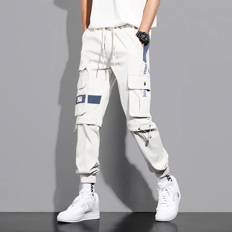 

New Fashion Sweatpants Streetwear Cargo Pants Men Ribbons Pockets Joggers Hip Hop Men's Trousers