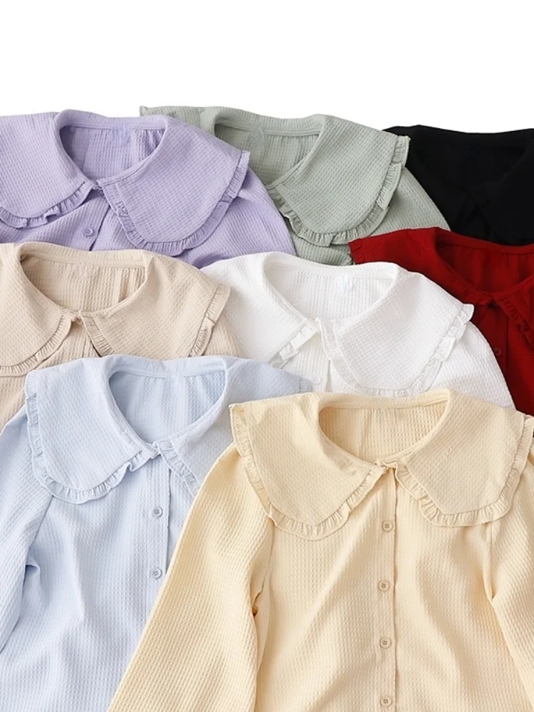

Осень 2023, элегантные рубашки для женщин, милые французские однотонные топы с воротником «Питер Пэн», подходящие ко всему Y2k, Женские топы с длинным рукавом и оборками по бокам