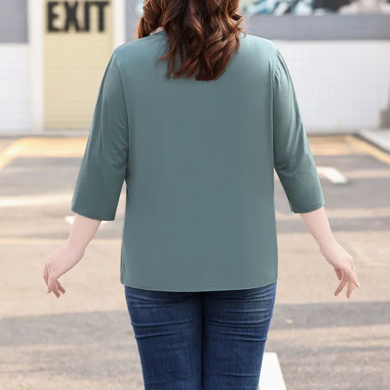 Casual Patchwork Pattern Hot Drill Three Quarter Sleeve T-Shirt Spring Summer Fashion V-Neck Loose Plus Size Pullover Women Tops