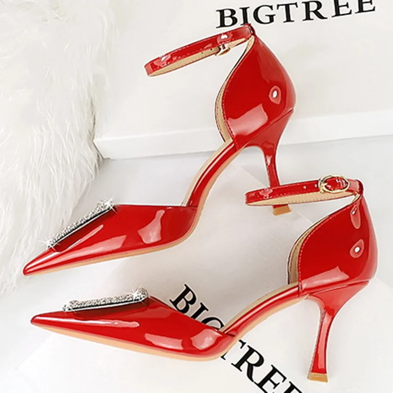 Women Shiny Leather Sandals Cover Heels 8cm Pointy Toe Stilettos Shallow Mouth For Narrow Feet 34-40 24cm Crystal Buckle Pumps