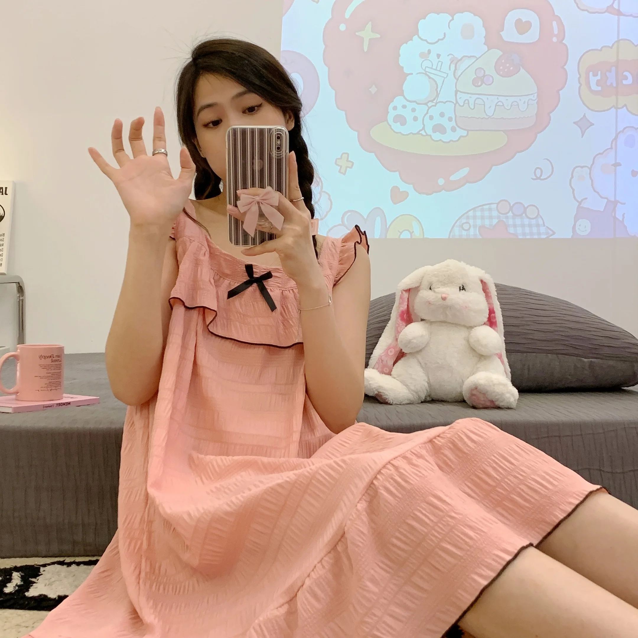 Pure Cotton Sleeveless Nightgown Soft Summer Nightgown Casual Girl Slip Strap Sleepshirts with Bow Plus Size 5XL Home Dress