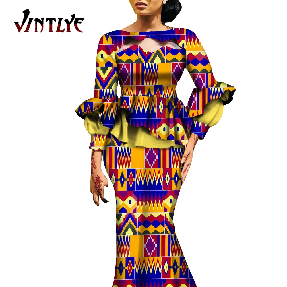African Clothes for Women Fashion Robe Africaine 2 Pcs Sets Flare Sleeve Shirt and Maxi Long Skirt Dashiki Party Attire Wy10052