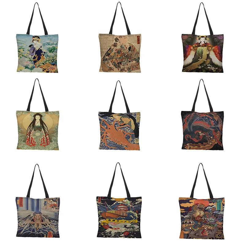 

YWBK Linen Shoulder Bags for Women Summer Resuable Large Capacity Shopping Bag Female Harajuku Shoper Bag Ukiyo-e Painting