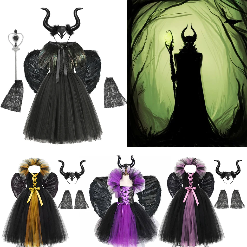 

Малефисент Хэллоуин Косплей Костюм Платье Девушки демон королева Ведьма черный дьявол платье пачка Карнавальная Вечеринка сглаза королев...