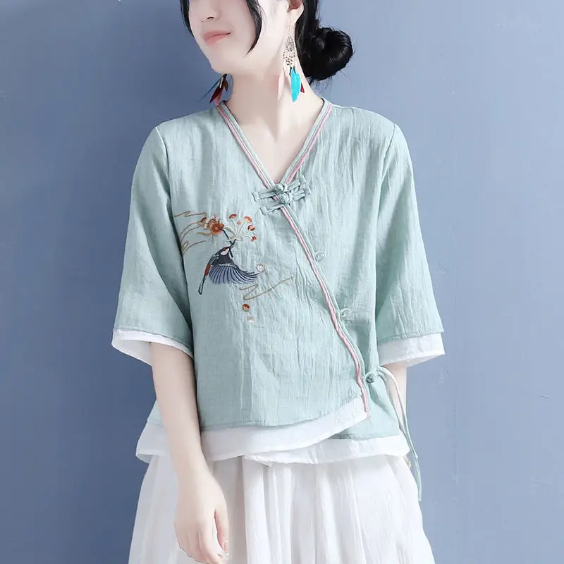 

Autumn Cotton Linen Bird Flower Embroidery V-neck Oblique Bead Button Mid-sleeve Top Women's Retro Casual Large Size Tea Clothes
