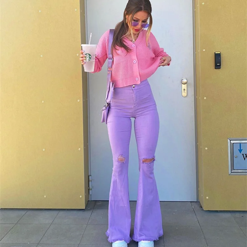 2022 Women's sexy Jeans Mid-Waist Ripped Solid Color Casual Wide-Leg Trousers Fashion Elastic Tight Bell Bottom Streetwear