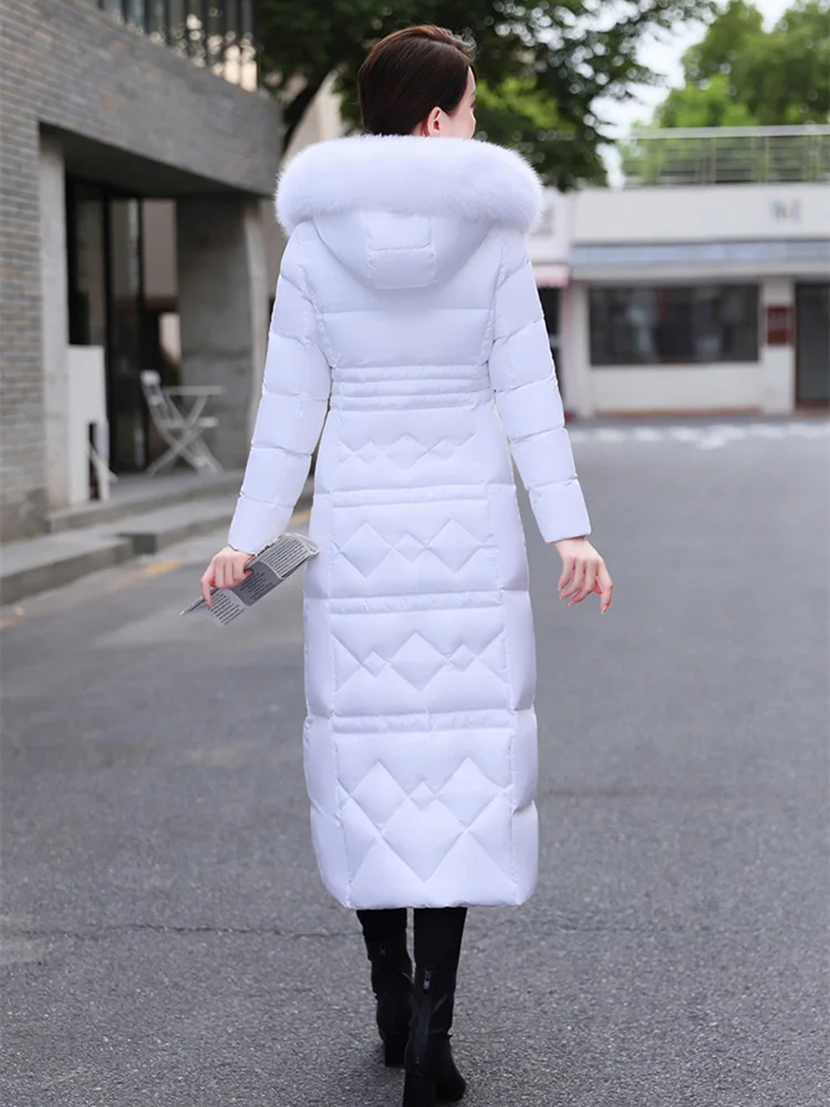 New Women Winter Down Coat Fashion Real Fox Fur Collar Thicken Warm Slim Lengthened Down Jacket White Duck Down Overcoat Female