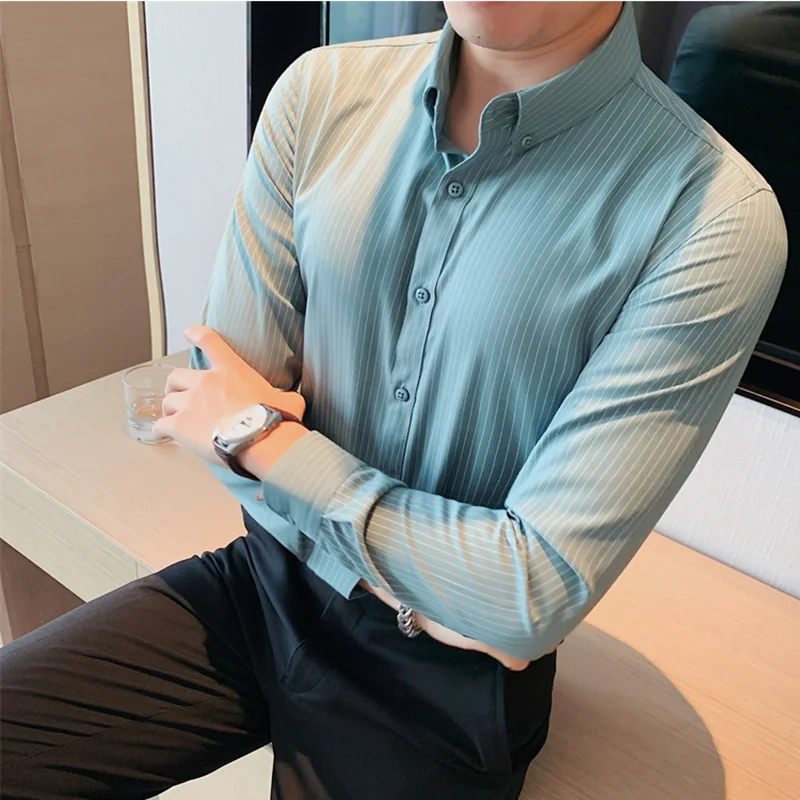 

2023 New Autumn Winter High End Fabric Stripe Shirt Men's Long Sleeve Business Fit Casual Shirt Homme Social Banquet Dress Shirt