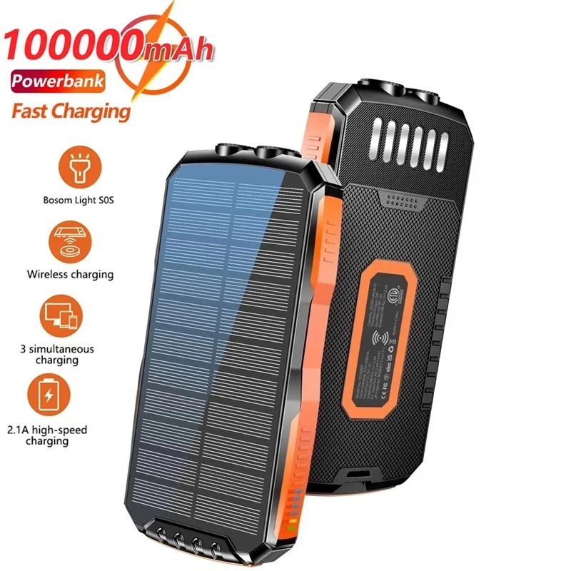 

Top 100000mAh Solar Power Bank Qi Wireless Charger for iPhone 12 Samsung S21 Xiaomi Powerbank Portable External Battery LED