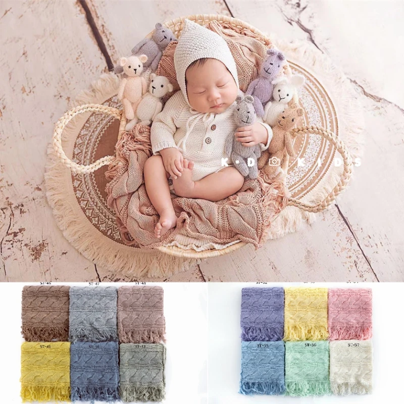 Dvotinst Newborn Photography Props for Baby Soft Knitted Vintage Tassel Wrap Blanket Backdrop Mat Fotografia Studio Photo Prop