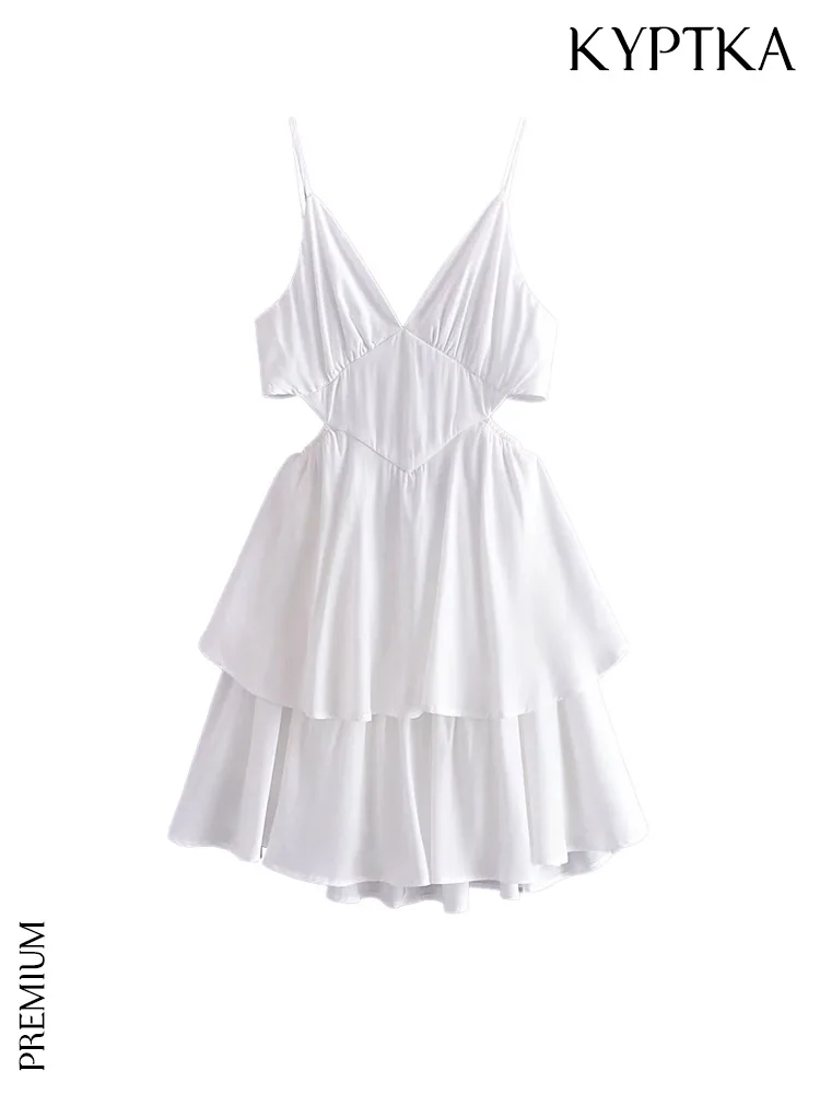 

Женское ажурное мини-платье KYPTKA, белое винтажное платье с оборками и открытой спиной, на тонких бретельках,