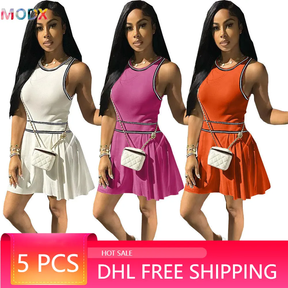 5 Sets Bulk Wholesale Sexy Dresses Women Short Dress Elastic Pleated Skirts Solid Stripped Skirt Chic Athleisure Vestidos 9933