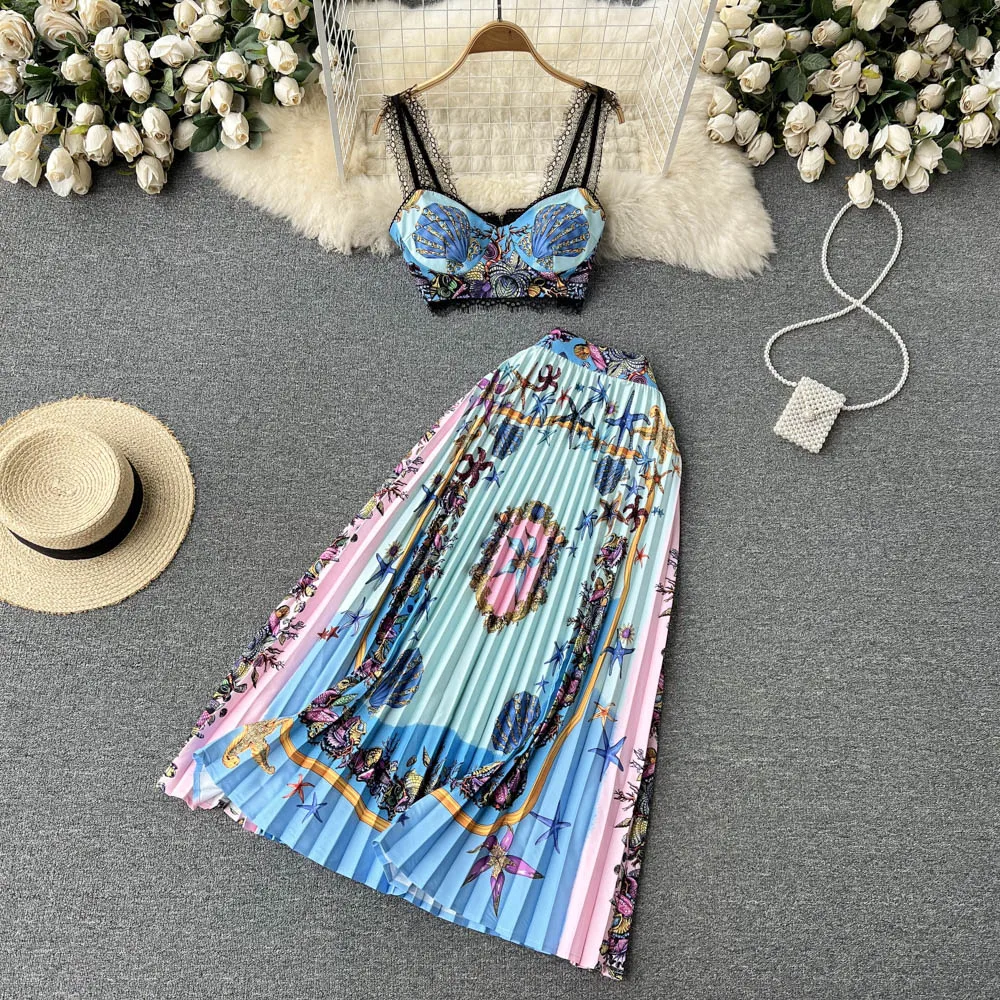 

2022 Summer New Vacation Suit, Printed Pleated Skirt Lace Short Stitching Suspender Top Two-Piece Set